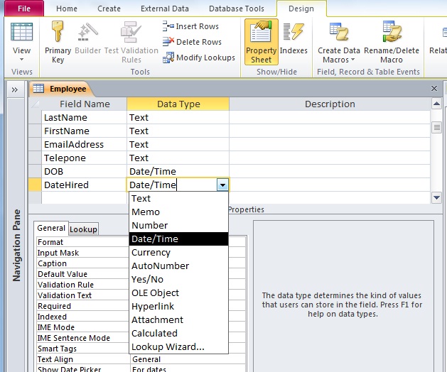 انواع Data Type در Microsoft Access