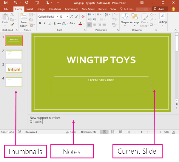 محیط برنامه PowerPoint در نمای Normal